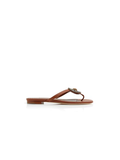 Manolo Blahnik Brown Nappa Leather Jewel Flat Sandals
