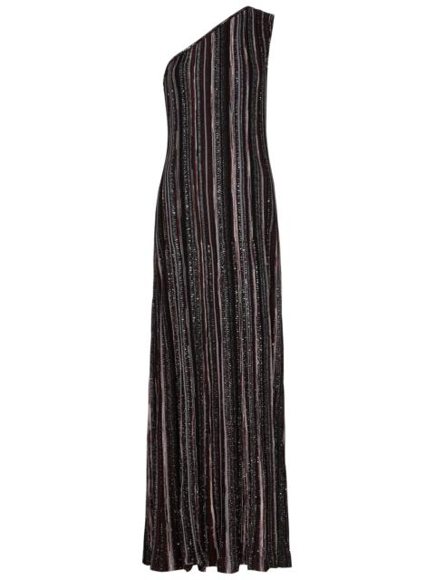 One-shoulder embellished fine-knit maxi dress