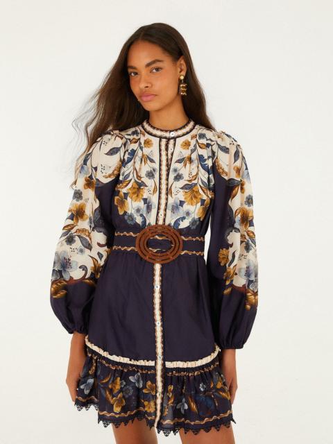 FARM RIO Golden Nature Belted Long Sleeve Mini Dress