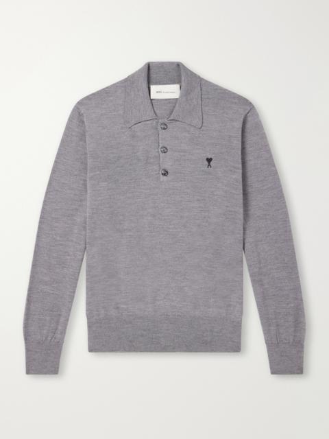 AMI Paris Logo-Embroidered Merino Wool Polo Shirt