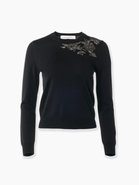 CAROLINA HERRERA Pewter Floral-Embroidered Crewneck Sweater