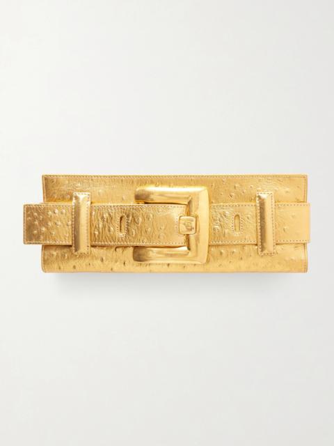 Balmain Anthem Buckled Ostrich-effect Metallic Leather Clutch