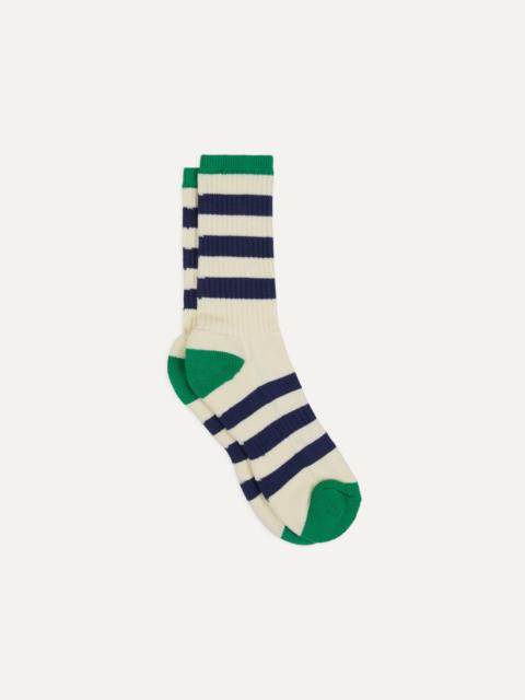 Drake's Navy and Green Striped Cotton Sport Socks