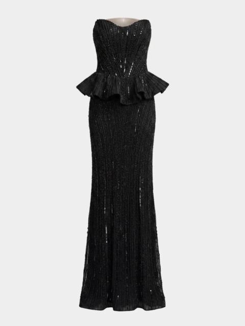MAC DUGGAL Beaded Strapless Peplum Gown
