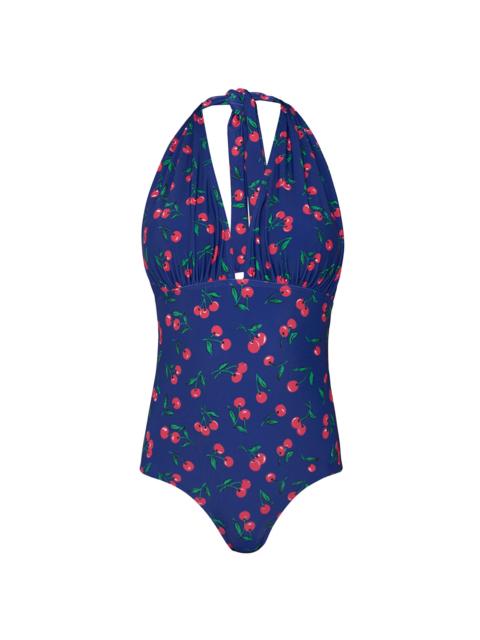 Shoshanna Women's Cherry Print Halterneck One-Piece Swimsuit - Navy Red Green