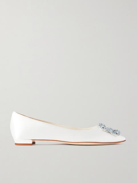 Manolo Blahnik Hangisiflat Crystal-embellished Satin Point-toe Flats