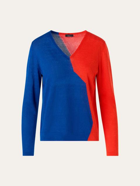 AKRIS High Plains Linen-Wool Knit V-Neck Sweater