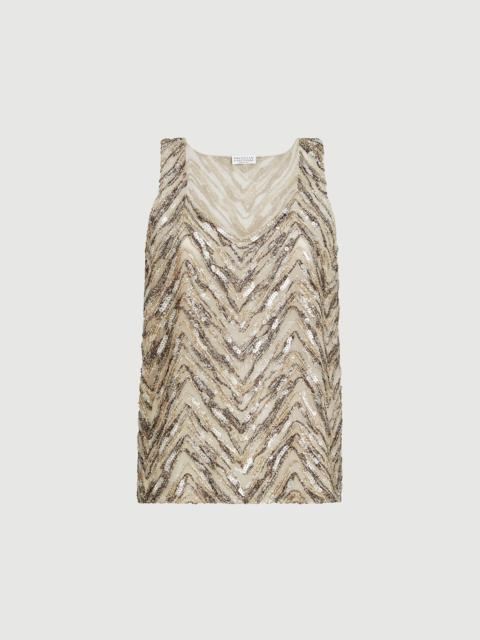 Brunello Cucinelli Crispy silk top with dazzling chevron embroidery