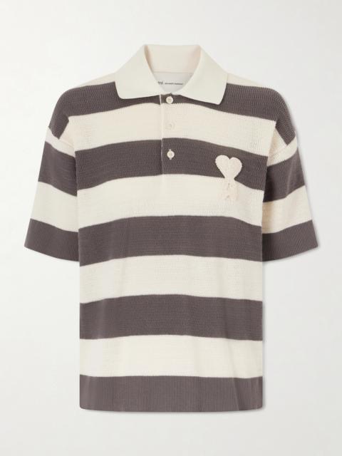 AMI Paris Embroidered Striped Knitted Cotton Polo Shirt