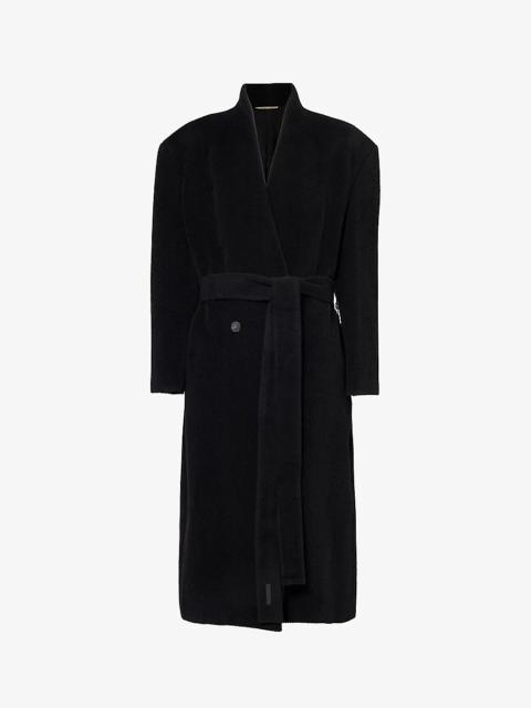 Lapelless herringbone-weave wool coat