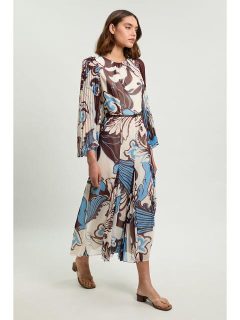 KAREN MILLEN Paisley Blue Pleated Woven Maxi Dress