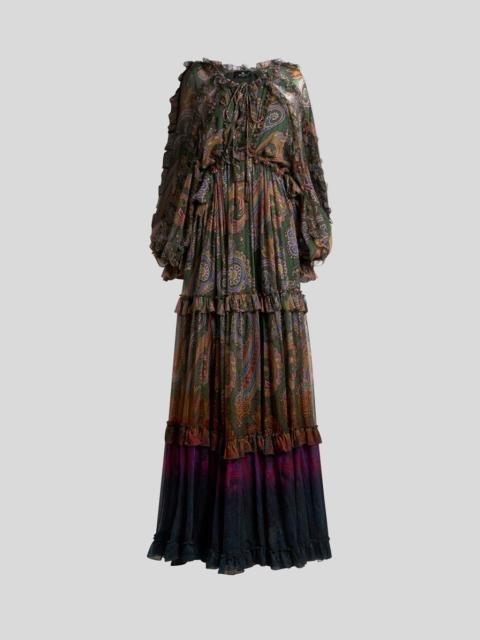 Etro LONG SILK DRESS WITH RUFFLES AND PLACED DEGRADÉ PAISLEY PRINT