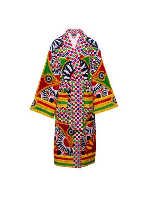 Dolce & Gabbana Multicolor Kimono Bathrobe With All-over Carretto Siciliano Print In Cotton Dolce & Gabbana