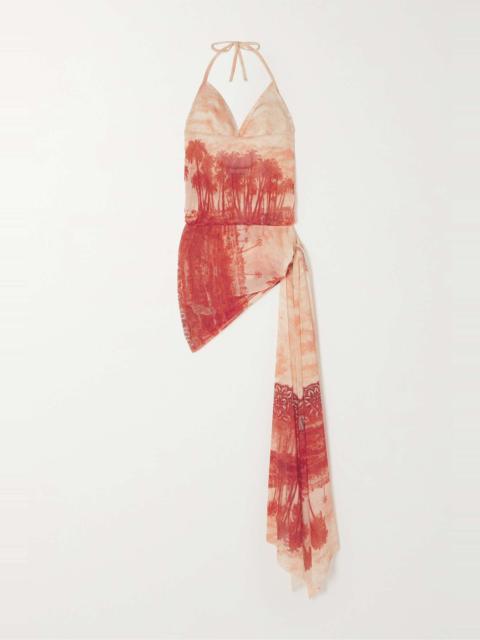 Jean Paul Gaultier Draped printed stretch-mesh halterneck mini dress