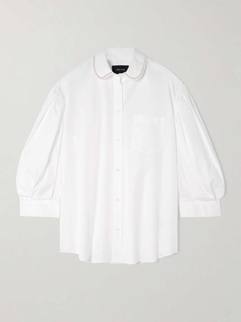 Faux pearl-embellished pleated cotton-poplin shirt