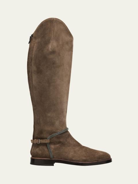 Brunello Cucinelli Suede Equestrian Boots with Monili Riding Detail