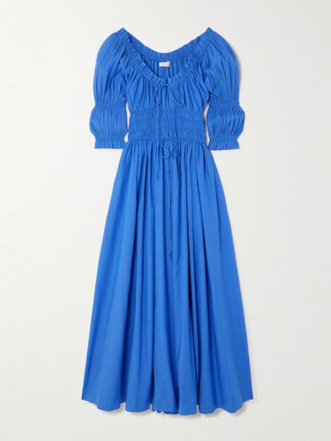 DÔEN Ischia Shirred Organic Cotton-blend Voile Midi Dress