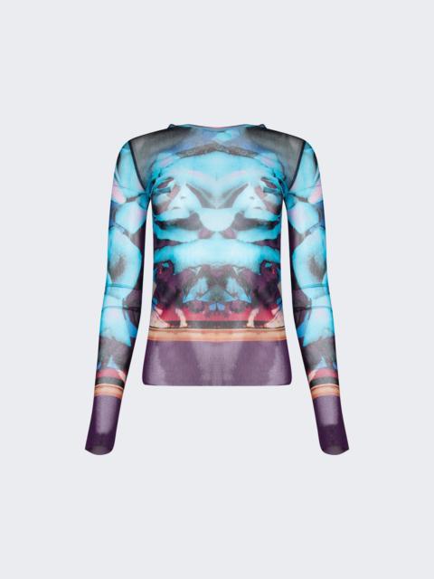 TrÈs Gaultier #1 Rose Printed Mesh Long Sleeve Top Blue And Purple