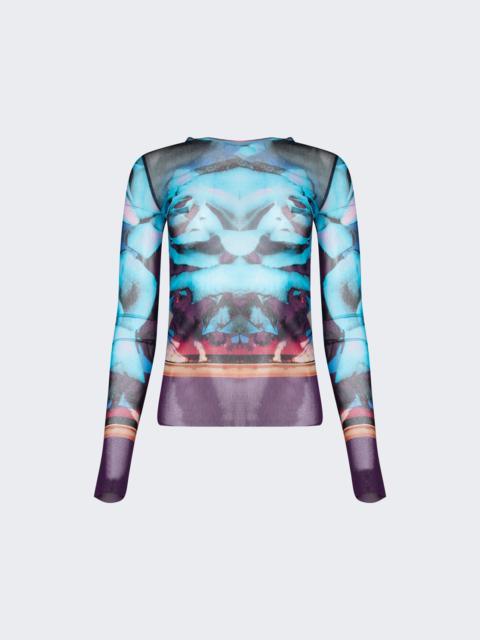 TrÈs Gaultier #1 Rose Printed Mesh Long Sleeve Top Blue And Purple