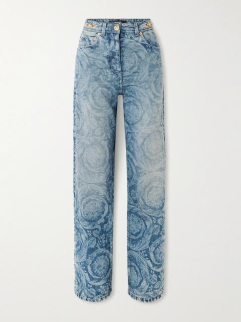 VERSACE Embellished Printed High-rise Straight-leg Jeans