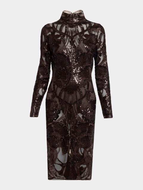ELIE SAAB Sequined Lace Mock-Neck Long-Sleeve Dress