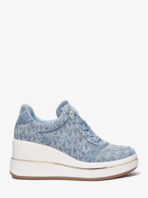 MICHAEL KORS Emmy Signature Logo Print Denim Wedge Trainer