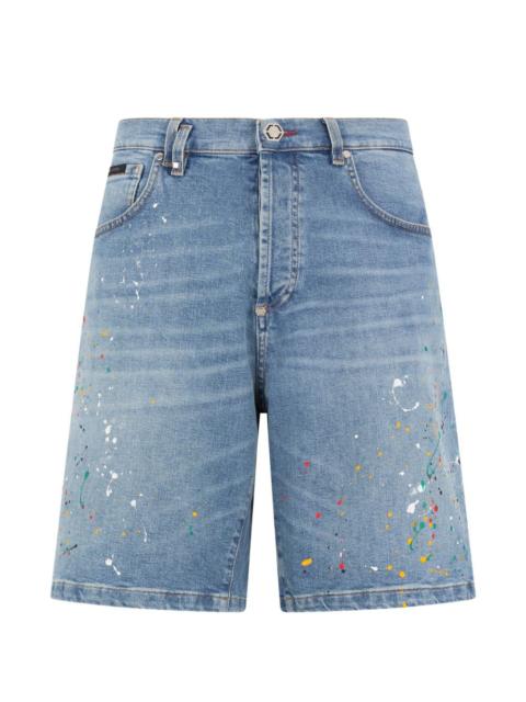 PHILIPP PLEIN paint-splatter-effect denim shorts