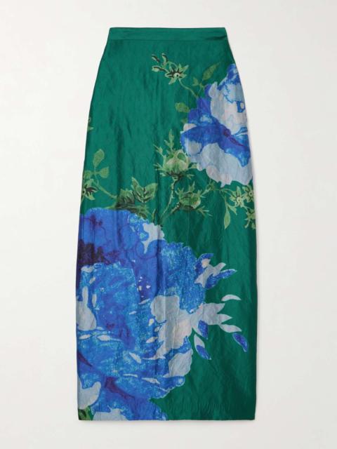 Floral-print crinkled-satin midi skirt
