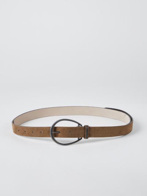 Suede-effect calfskin oval buckle belt with monili