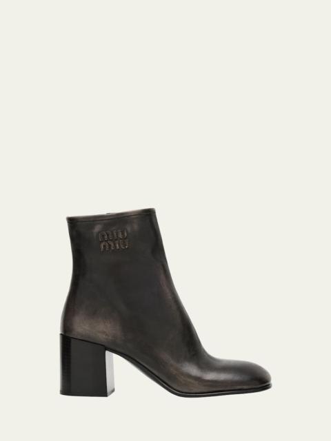 Miu Miu Vintage Leather Block-Heel Booties