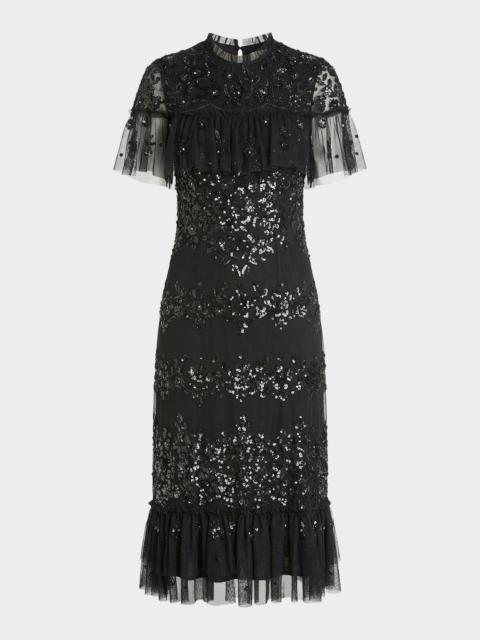 MAC DUGGAL Ruffle-Trim Sequin Mesh Midi Dress