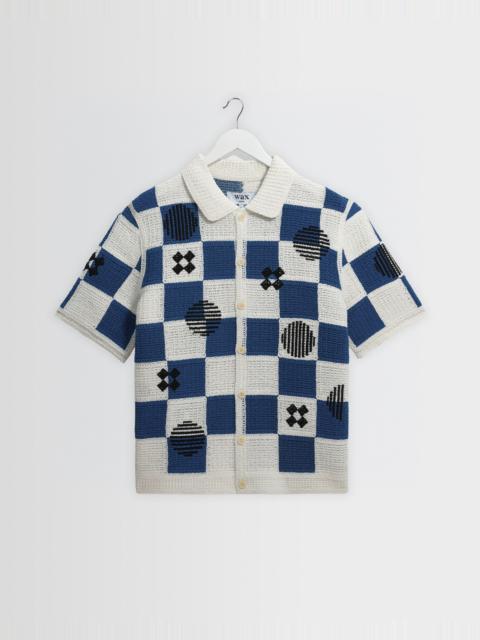 Wax London Porto - Ecru And Blue Square Crochet Knitted Shirt