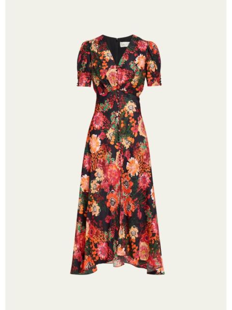 SALONI Lea Floral Silk Jacquard Button-Front Midi Dress