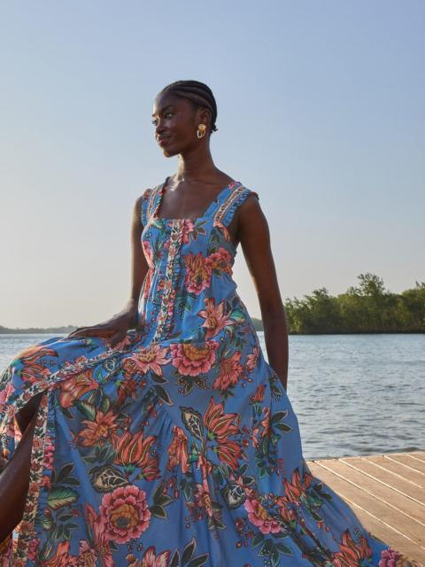 FARM RIO Blue Wonderful Bouquet Sleeveless Maxi Dress