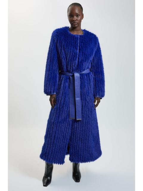 KAREN MILLEN Textured Faux Fur Belted Collarless Long Coat