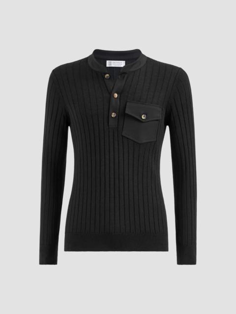 Brunello Cucinelli Men's Cashmere and Silk Ribbed Sweater with Henley Collar - Black