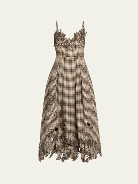 Oscar de la Renta Embroidered Pied De Poule Sleeveless Midi Dress