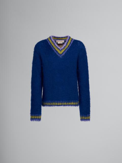 BLUE MOHAIR JUMPER WITH STRIPED TRIMS
