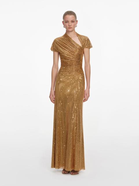 self-portrait Gold Rhinestone Drape Maxi Dress