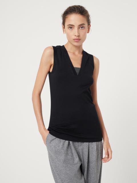 Stretch cotton ribbed jersey top with precious insert