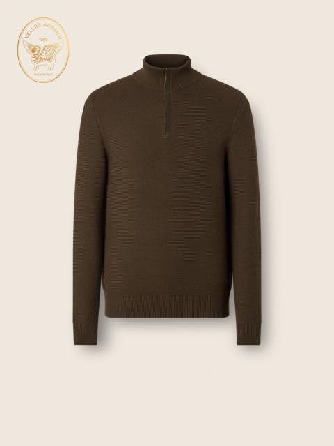 ZEGNA DARK OLIVE GREEN VELLUS AUREUM ZIP MOCK NECK SWEATER