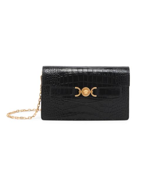 VERSACE Women's Croc-Embossed Leather Wallet-On-Chain Shoulder Bag - Black Gold