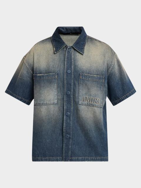 AMIRI Men's Denim Embossed-Logo Short-Sleeve Shirt