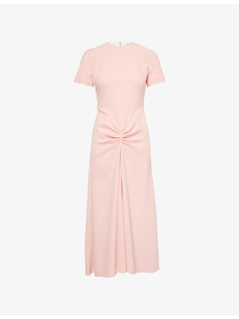 Gathered Round-Neck Crepe Midi Dress