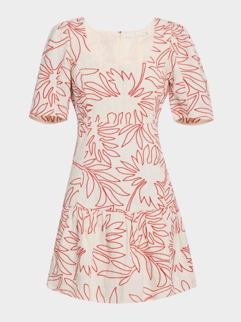 MARIE OLIVER Temma Embroidered Square-Neck Linen Mini Dress