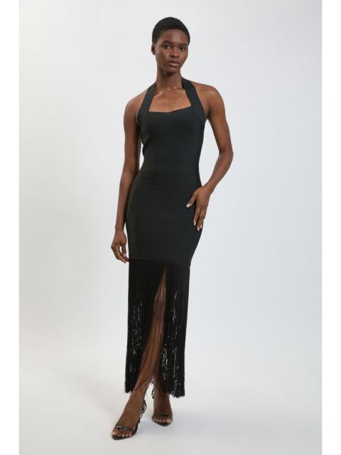 KAREN MILLEN Figure Form Bandage Fringe Knit Halter Neck Midi Dress