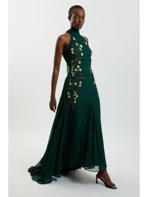 KAREN MILLEN Hand Embellished Floral Halterneck Gown