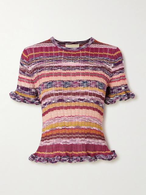 ULLA JOHNSON Miya Ruffled Striped Ribbed-knit Sweater