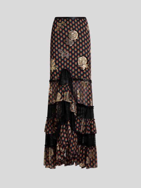 Etro SILK AND LACE MAXI SKIRT WITH FIL COUPÉ ROSES AND TIE-INSPIRED MOTIF