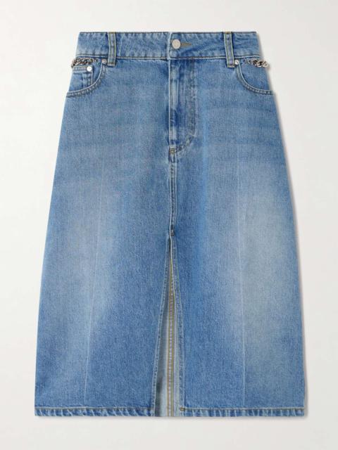 + NET SUSTAIN chain-embellished denim midi skirt